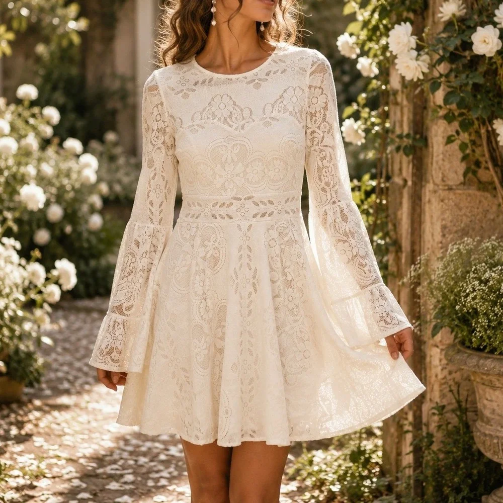 Topshop Ivory Lace Bell Sleeve Dress Size 4 Boho Cottagecore‎ Coquette Whimsical
